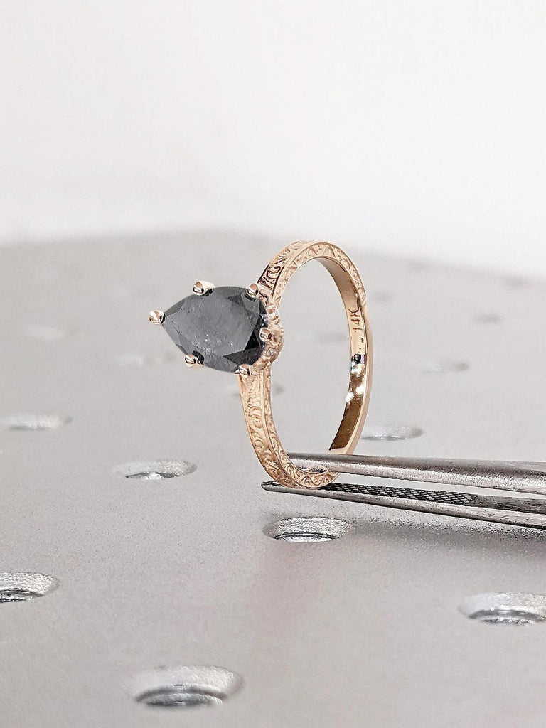 Pear cut Vintage Engagement Filigree Ring | 14k Rose Gold Salt And Pepper Diamond Ring | Art Deco Hidden Halo Ring | Anniversary Unique Ring