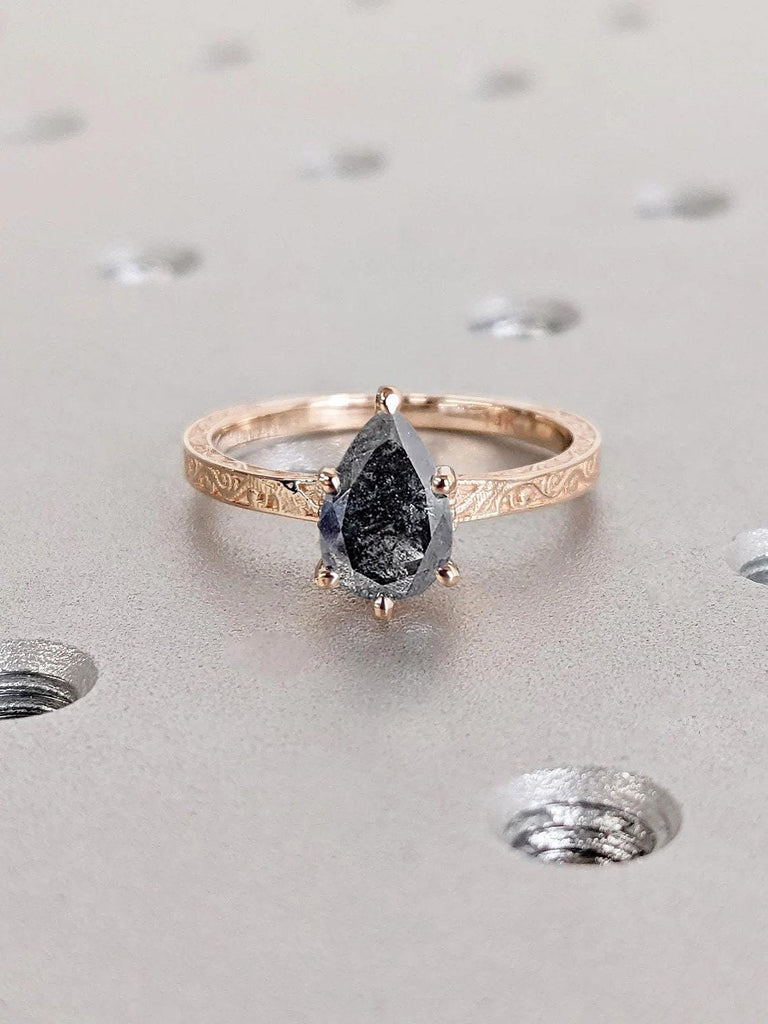 Antique Proposal Ring | Handmade Filigree Wedding Band | Raw Salt and Pepper Grey Diamond Pear cut Engagement Ring | 1ct Diamond Ring for Her