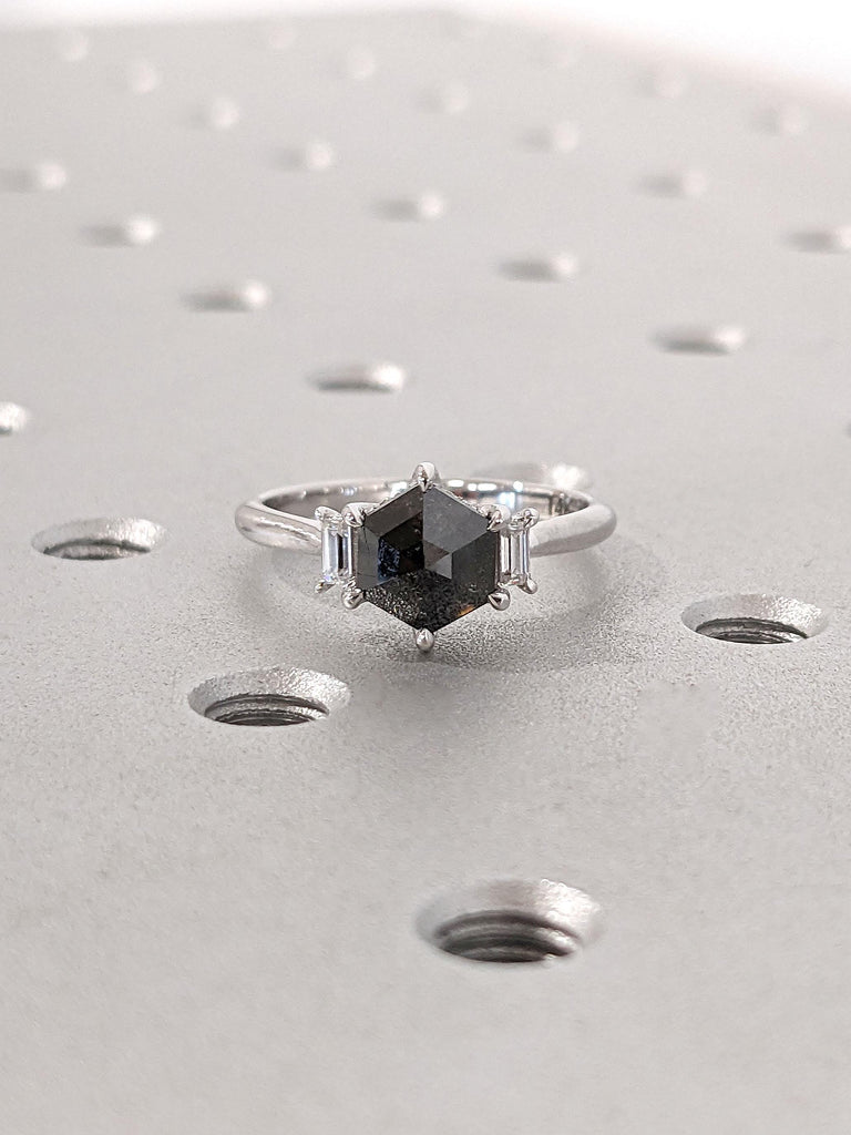 Unique Hexagon Shaped Diamond Engagement Ring | 14k Solid Gold Salt and Pepper Black Diamond Wedding Anniversary Ring | Gift For Her Wife Girlfriend