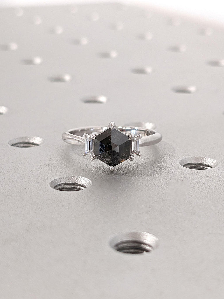 Unique Hexagon Shaped Diamond Engagement Ring | 14k Solid Gold Salt and Pepper Black Diamond Wedding Anniversary Ring | Gift For Her Wife Girlfriend