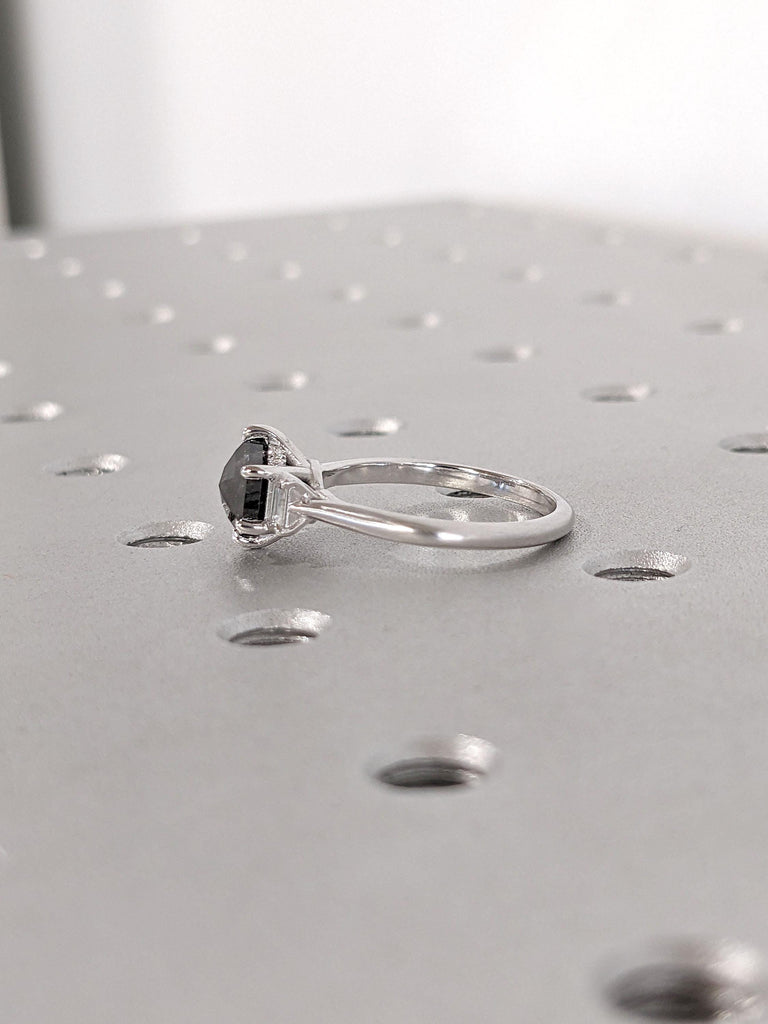 Hexagon cut Salt and Pepper Black Diamond Engagement Ring | Diamond Hidden Halo Ring | 14k White Gold Three Stone Ring | Promise Ring Woman