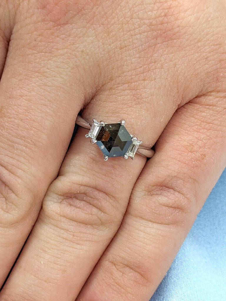 Hexagon cut Salt and Pepper Black Diamond Engagement Ring | Diamond Hidden Halo Ring | 14k White Gold Three Stone Ring | Promise Ring Woman
