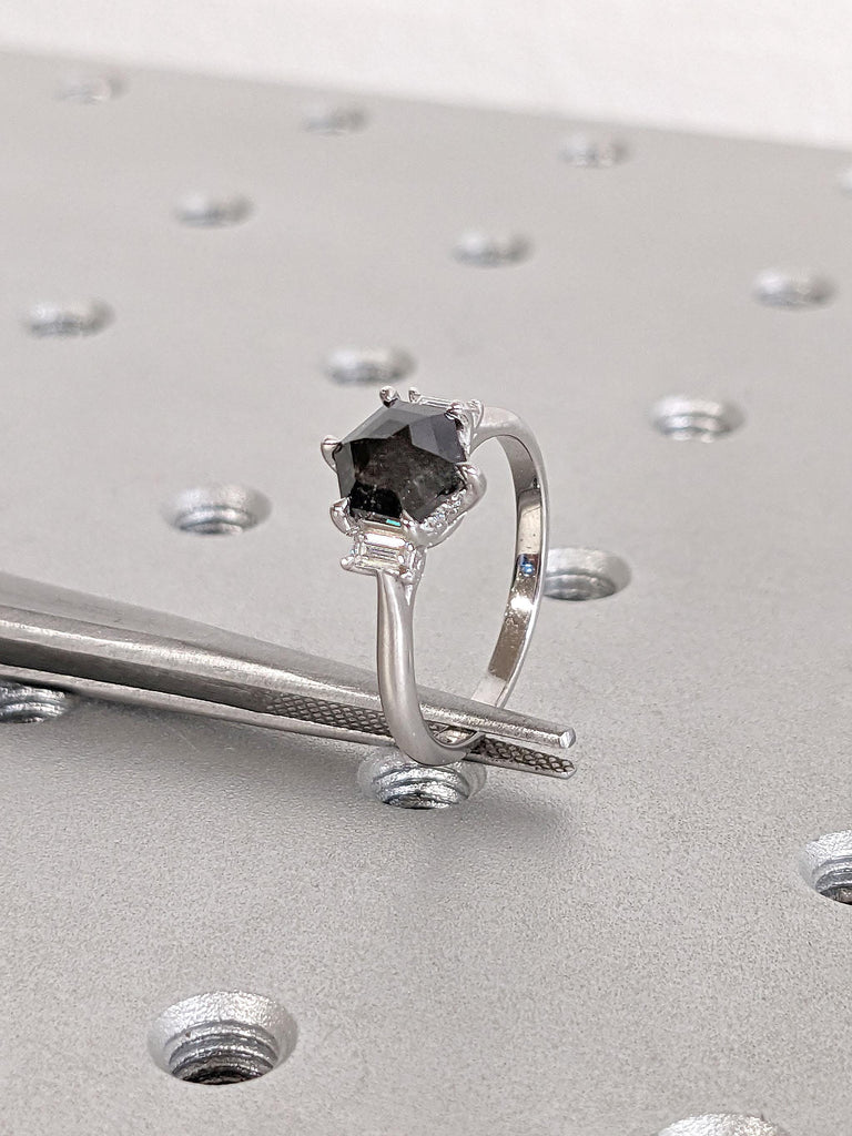 1 Carat Engagement Ring | Salt and Pepper Diamond Solid White Gold Ring | 3 Stone Promise Anniversary Ring