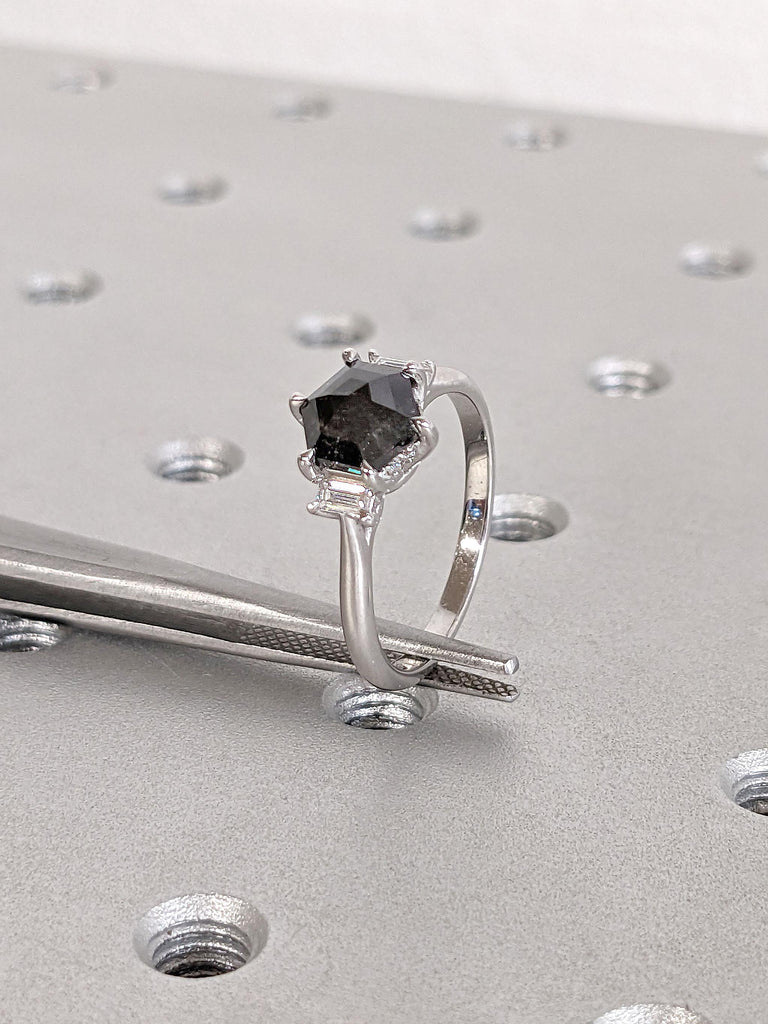1 Carat Engagement Ring | Salt and Pepper Diamond Solid White Gold Ring | 3 Stone Promise Anniversary Ring