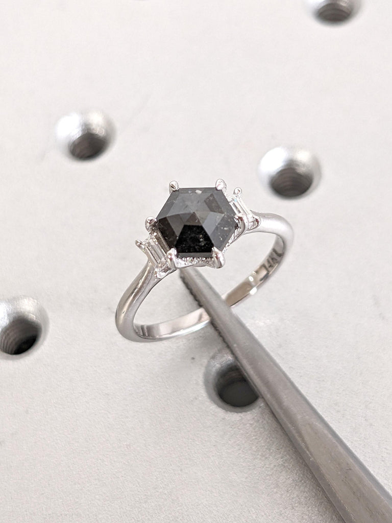 Hexagon cut Salt and Pepper Black Diamond Engagement Ring | Diamond Hidden Halo Ring | 14k White Gold Three Stone Ring | Promise Ring Woman