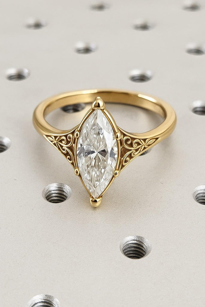 Vintage Filigree Marquise cut Lab Grown Diamond Engagement Ring | Art Deco Yellow Gold Wedding Ring For Women | Anniversary Gift for Wife