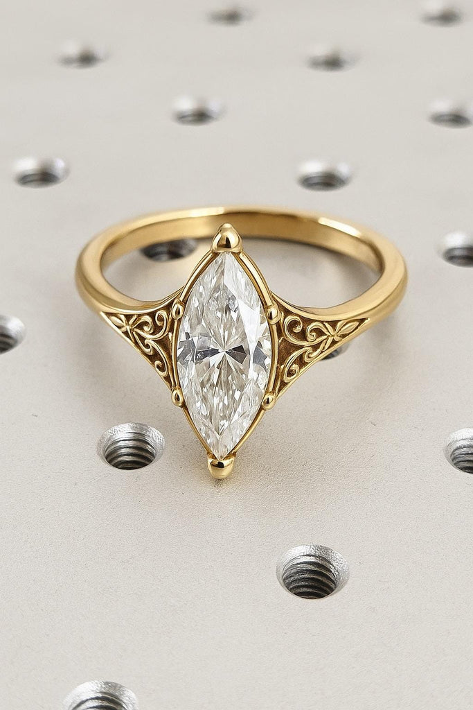 14l Yellow Gold Marquise cut Moissanite Victorian Style Engagement Ring | Antique Proposal Ring | Filigree Wedding Ring | Woman Fine Jewelry