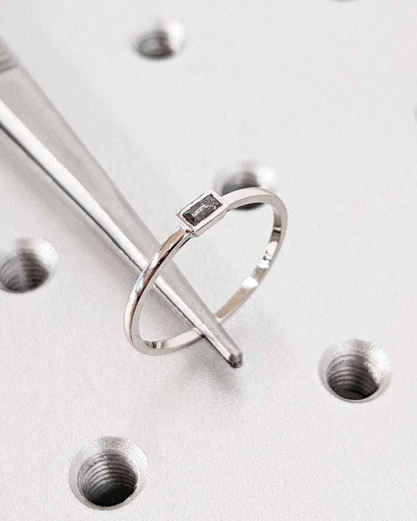 Dainty Thin Salt and Pepper Diamond Wedding Band, Gray Diamond Baguette Ring, Delicate Matching Stack Ring 14K Gold or Platinum Wedding Ring