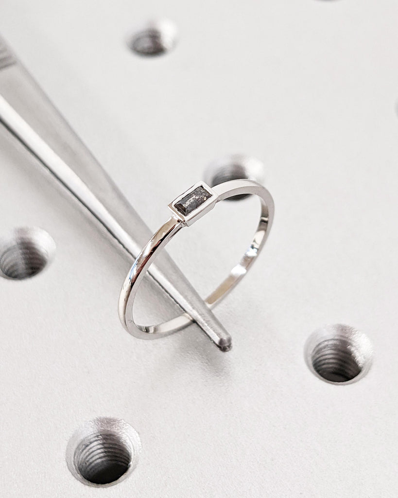 Dainty Thin Salt and Pepper Diamond Wedding Band, Gray Diamond Baguette Ring, Delicate Matching Stacking Ring, 14K Gold or Platinum Wedding Ring for Her