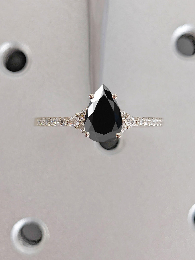 1ct Pear cut Black Diamond Ring | 14k White Gold Engagement Ring | Thin Gold Ring | Women Wedding Ring Jewelry