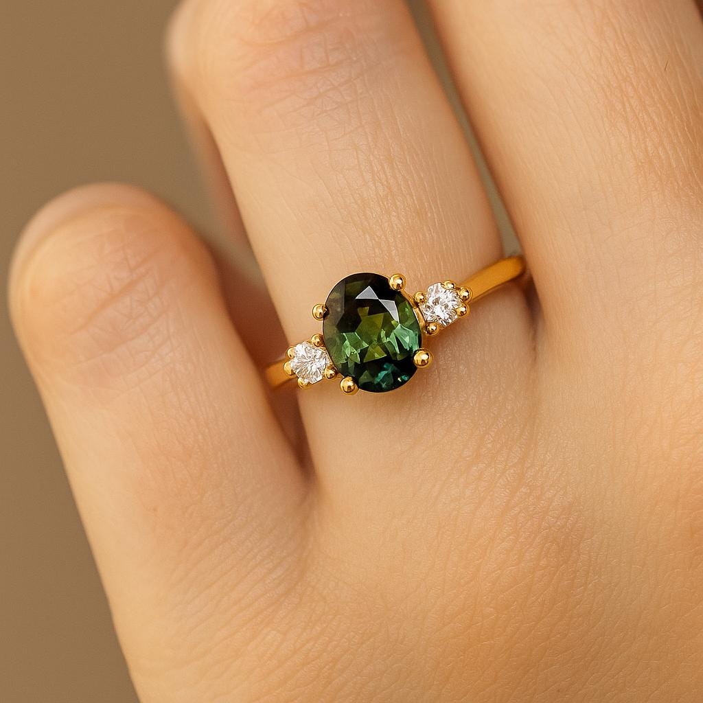 Unique Gemstone Rings, Oval Ring, Three Stone Engagement Ring, Green Ring