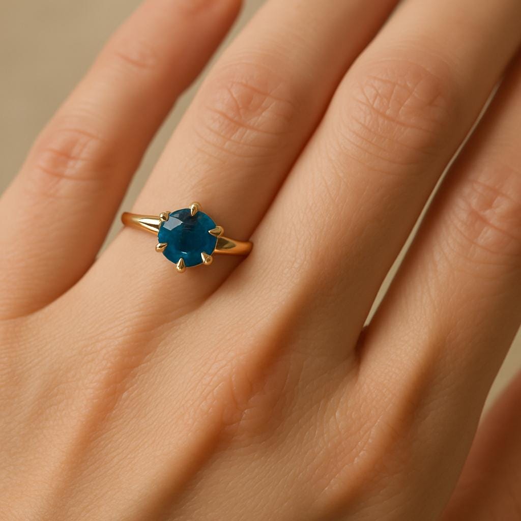 Round Teal Sapphire Engagement Ring / Split Shank Ring / Solitaire Ring / Natural Blue Green Sapphire Promise Ring for Her / 14K Solid Gold