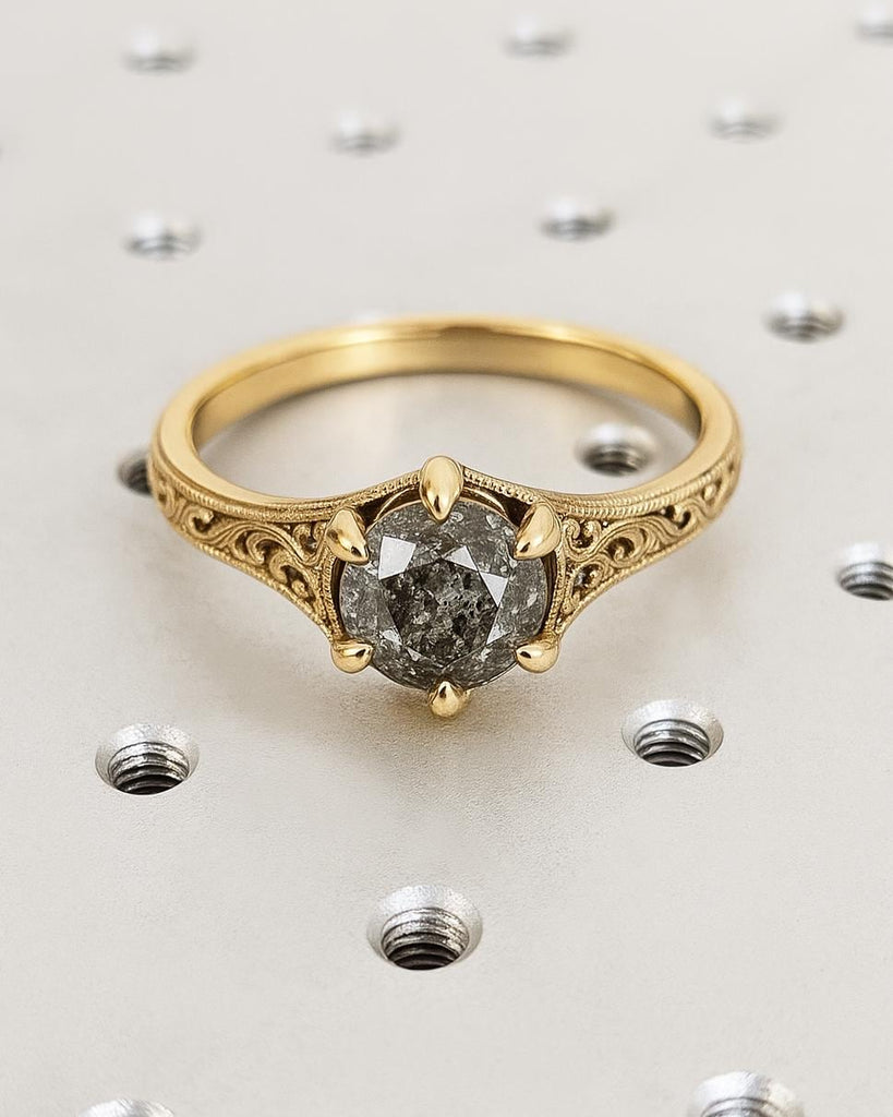 Vintage Salt and Pepper Diamond Engagement Ring, Round Cut Salt and Peppr Diamond, Solitaire Ring, Art Deco Milgrain Wedding Ring, Filigree Ring, Unique Women Promise Ring, 14K or 18K Solid Gold Ring