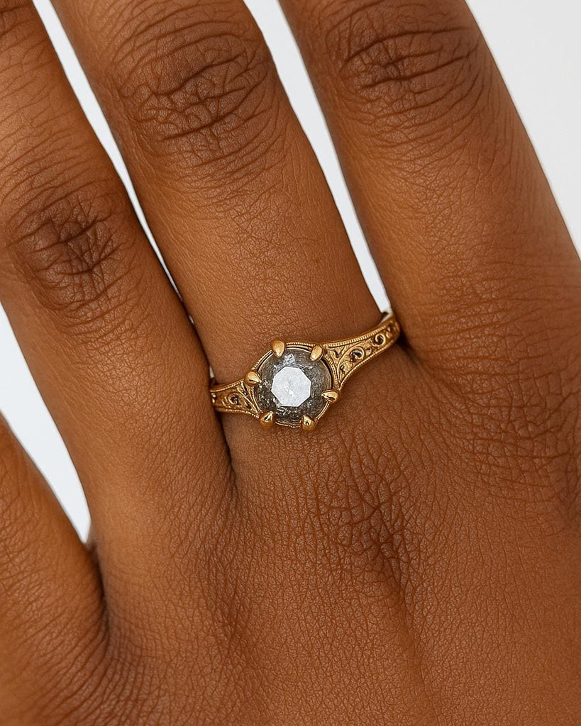 Vintage Salt and Pepper Diamond Engagement Ring, 14K Yellow Gold Ring, Filigree Art Deco Promise Ring, Round Natural Salt and Pepper Diamond Ring, Unique Ring for Her