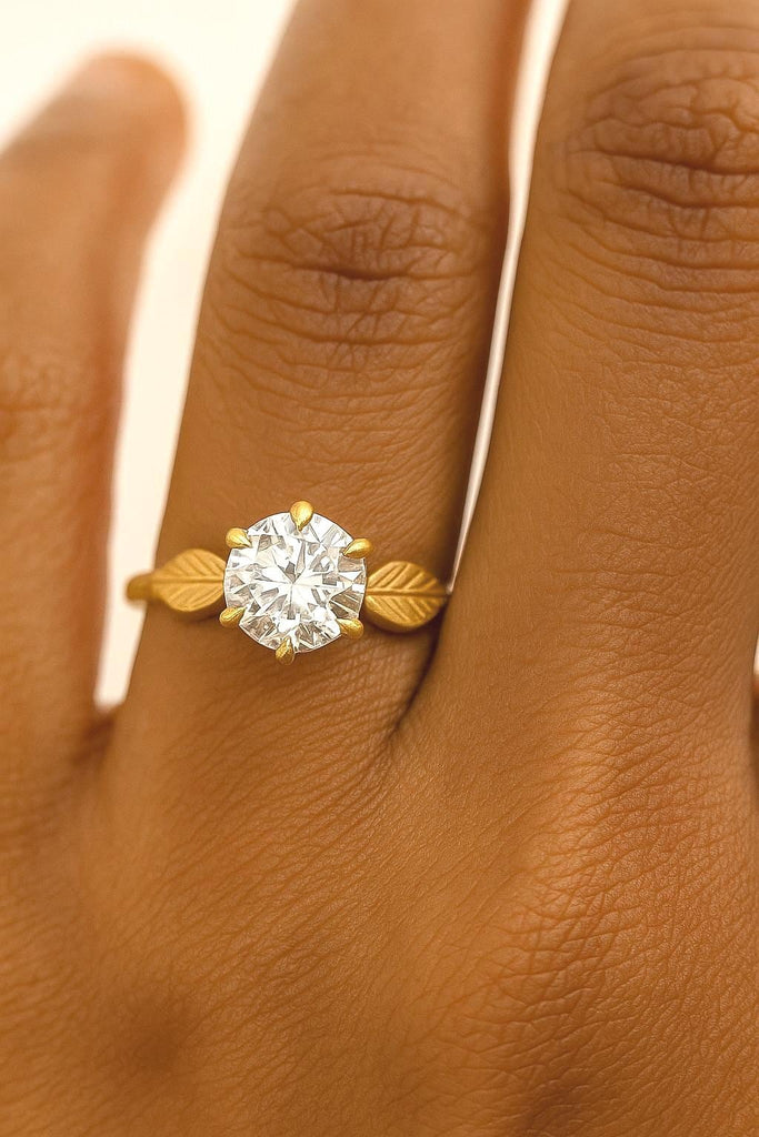 1ct Round Lab Created Diamond Solitaire Engagement Ring | 14k Yellow Gold Wedding Ring | 6 Prong Leaf Ring | Unique Anniversary Promise Bridal Ring
