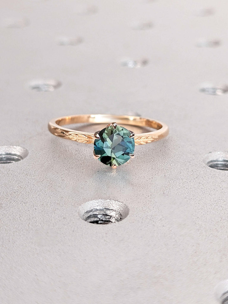 1 CT Round Cut Solitaire Teal Montana Sapphire Ring | Antique Floral Tulip Setting Engagement Ring | Flower Petal 6 Prong 14k Yellow Gold Promise Ring