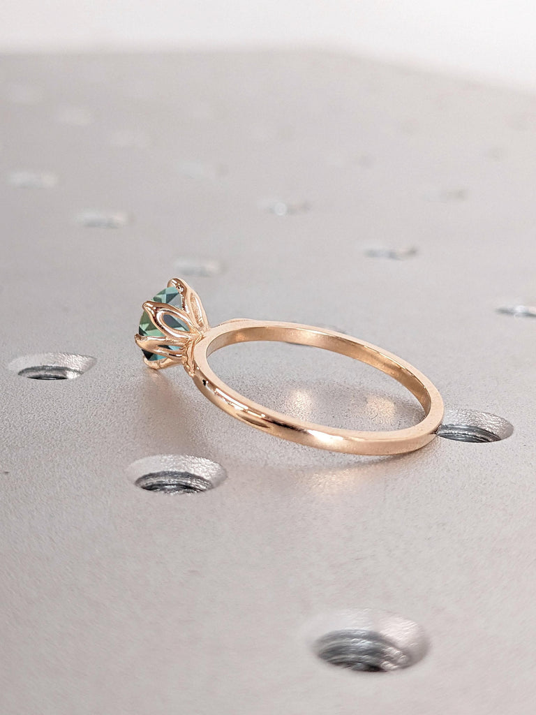 Nature Inspired Rose Gold Rings for Women | Natural Green Sapphire Solitaire Engagement Ring | Tulip Basket Setting Unique Proposal Ring