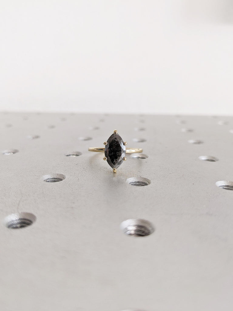 Marquise Salt and Pepper Diamond Ring, 14k Solid Gold Ring, Marquise Engagement Ring, Unique Solitaire Ring, Raw Diamond Ring, Gift for Wife