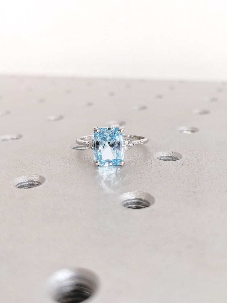 Aquamarine Engagement Ring, Radiant Cut Ring, 14k Gold Aquamarine Ring, Statement Rings for Women, March Birthstone, Diamond Cluster Ring
