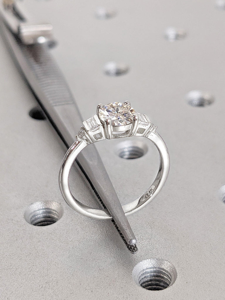1ct, 2 Carat Round CVD Diamond | 14K Solid White Gold Diamond Ring | Dainty Round & Baguette Art Deco Promise Ring | 5 Stone Engagement Ring