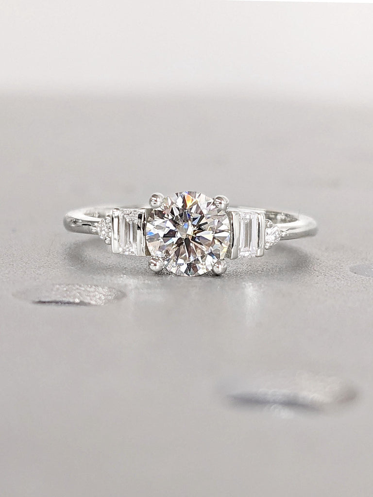 Unique Round and Baguette cut Moissanite Engagement Ring | Art Deco Promise Ring | Baguette Ring | 14k Thin Gold Rings for Women