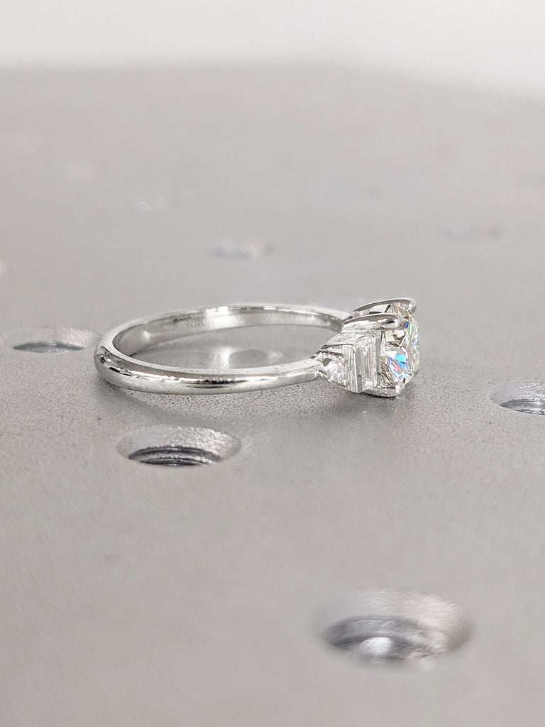 Unique Round and Baguette cut Moissanite Engagement Ring | Art Deco Promise Ring | Wedding Anniversary Gift | 14k Thin Gold Rings for Women