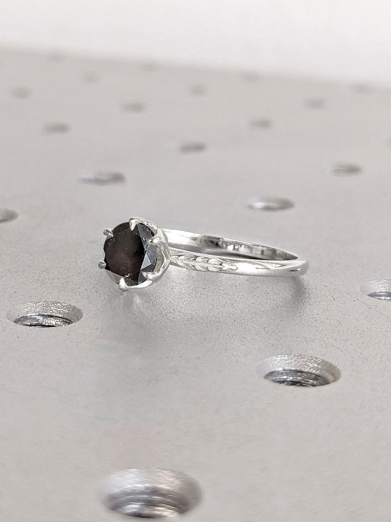 Nature Inspired 14k 18k Gold Rings for Women | Round Cut 1 Carat Salt and Pepper Black Diamond Solitaire Engagement Ring