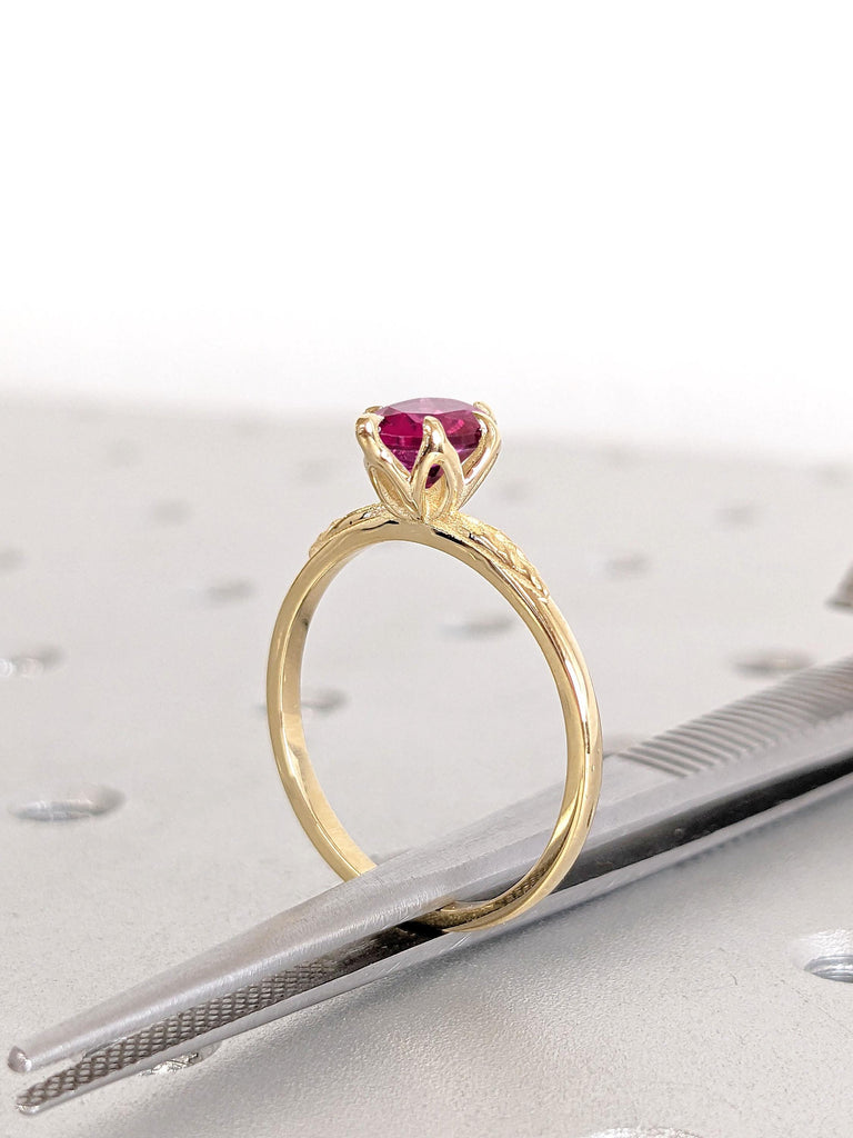 Unique Floral Tulip Setting Engagement Ring | 1 CT Round Cut Solitaire Red Ruby Ring, Petal 6 Prong 18k Yellow Gold Promise Ring