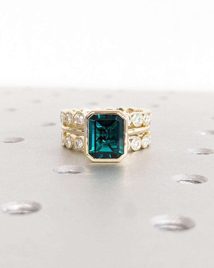 Emerald Cut Lab Emerald Engagement Ring Set, 14K Gold Promise Ring Set 3pcs Bridal Wedding Set, Bezel Rings, Moissanite Eternity Bands Stack