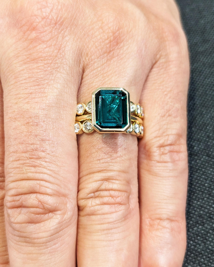 Emerald Cut Lab Emerald Engagement Ring Set, 14K Gold Promise Ring Set 3pcs Bridal Wedding Set, Bezel Rings, Moissanite Eternity Bands Stack