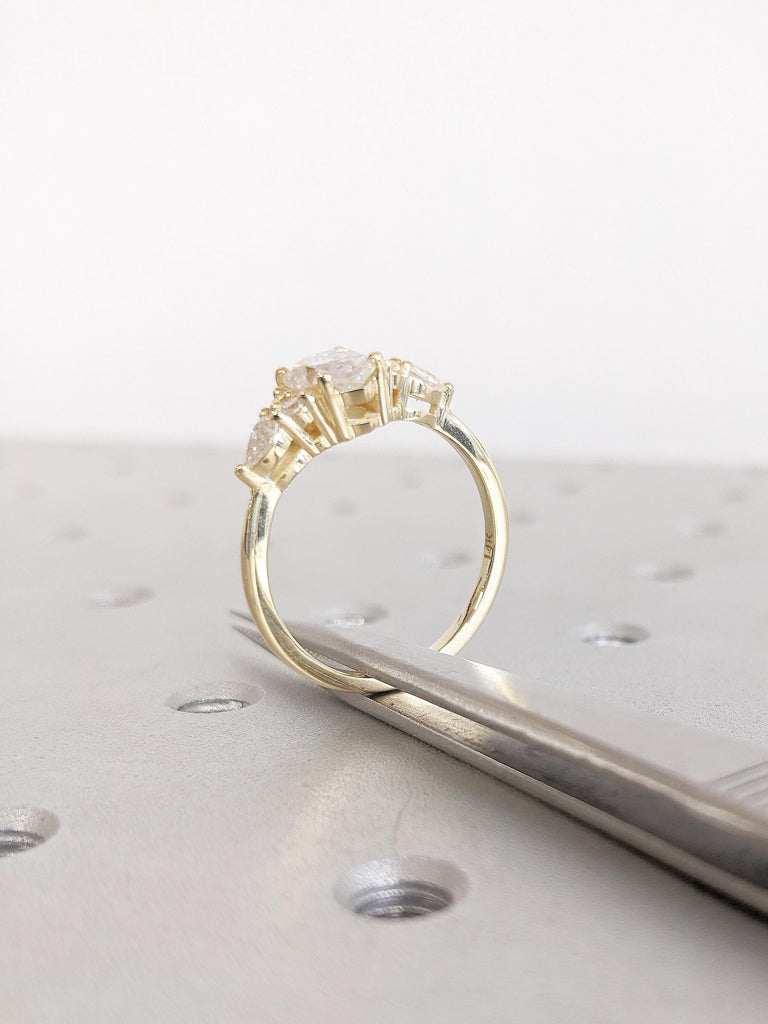 Art Deco Moissanite Engagement Ring, 14k Solid Gold Ring, Unique Pear Ring, Moissanite Rings for Women, Moissanite Cluster Ring, Custom Ring