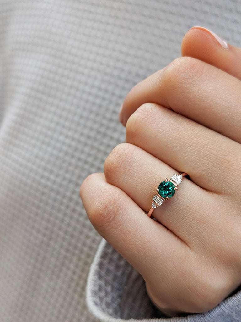 Dainty Solitaire Round & Baguette Art Deco Promise Ring, 5 Stone Engagement Ring, Round Lab Emerald 14K Rose Gold Wedding Ring