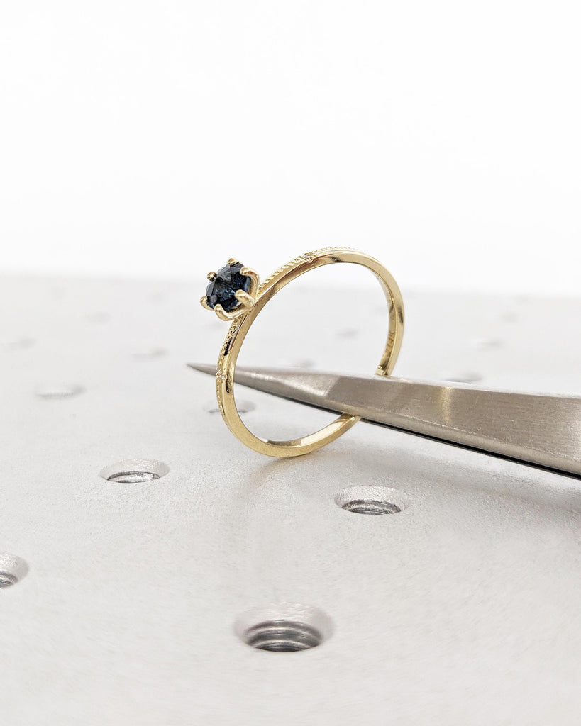 14K Gold Dainty Sapphire Engagement Ring | Peacock Sapphire Ring | Teal Sapphire, Montana Sapphire, Blue Green Sapphire Diamond Promise Ring