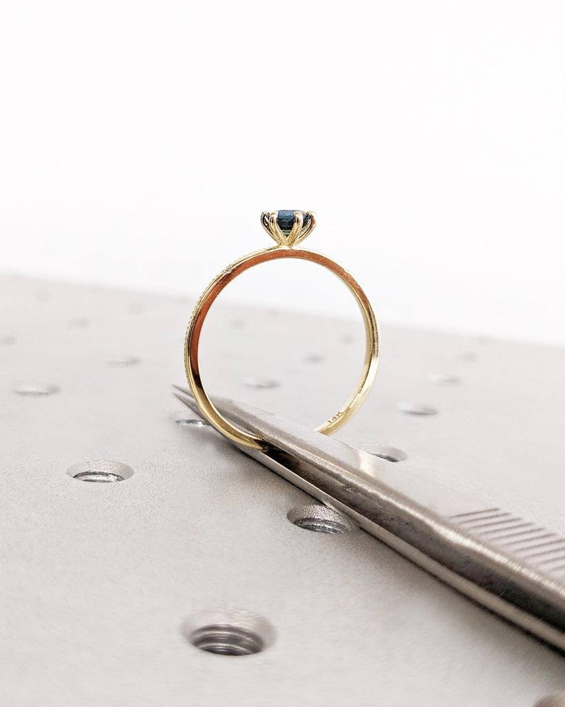 14K Gold Dainty Sapphire Engagement Ring | Peacock Sapphire Ring | Teal Sapphire, Montana Sapphire, Blue Green Sapphire Diamond Promise Ring