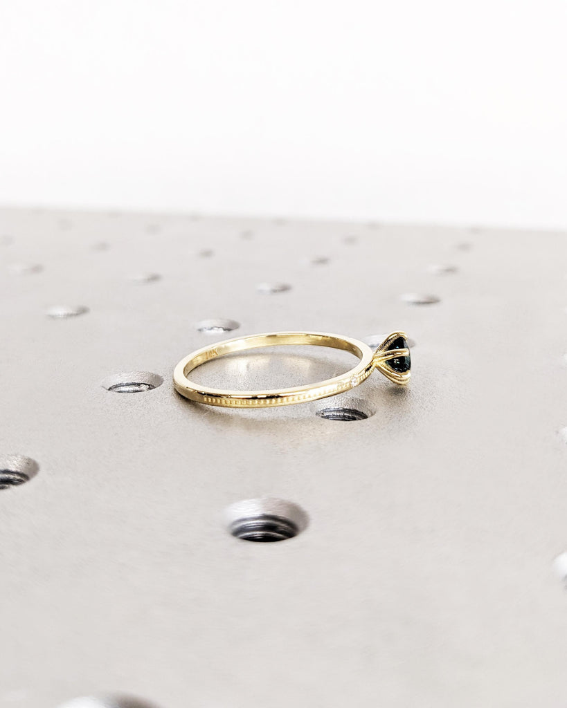 Round Cut Natural Teal Sapphire Ring, Beaded Band Dainty Engagement Ring, Peacock Blue Green Montana Sapphire, 14K Solid Gold Solitaire Ring