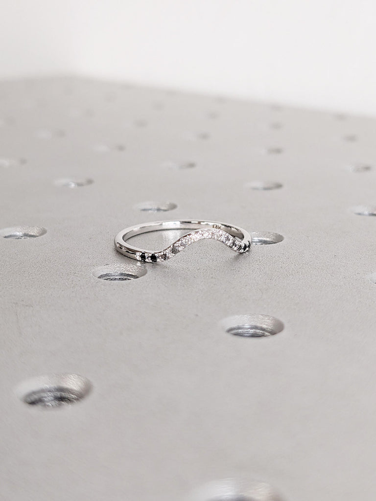 Curved Wedding Band, Ombre Diamond Matching Ring, 14k White Gold Wedding Band, Women Wedding Ring, Unique Stacking Ring, Bridal Gift for Her