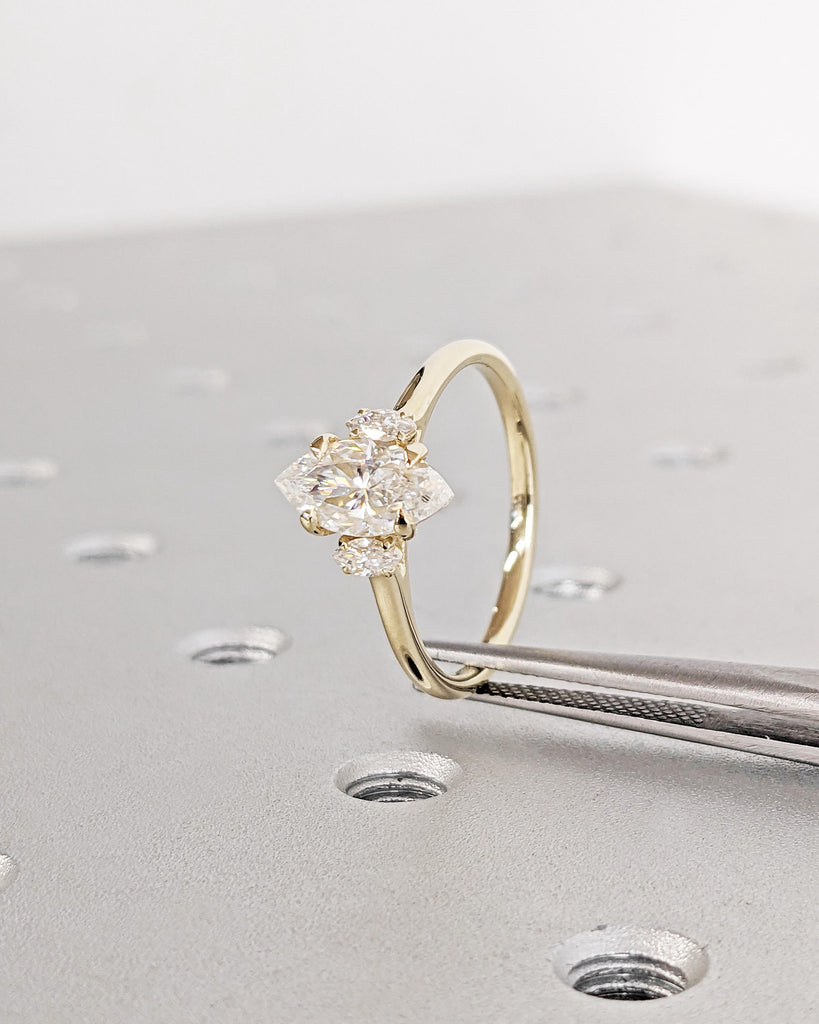 3 Stone Lab Grown Diamond Ring, 1ct Marquise Cut Lab Diamond Ring, Three Stone Engagement Ring 14K Yellow Gold Anniversary Ring Gift for Her