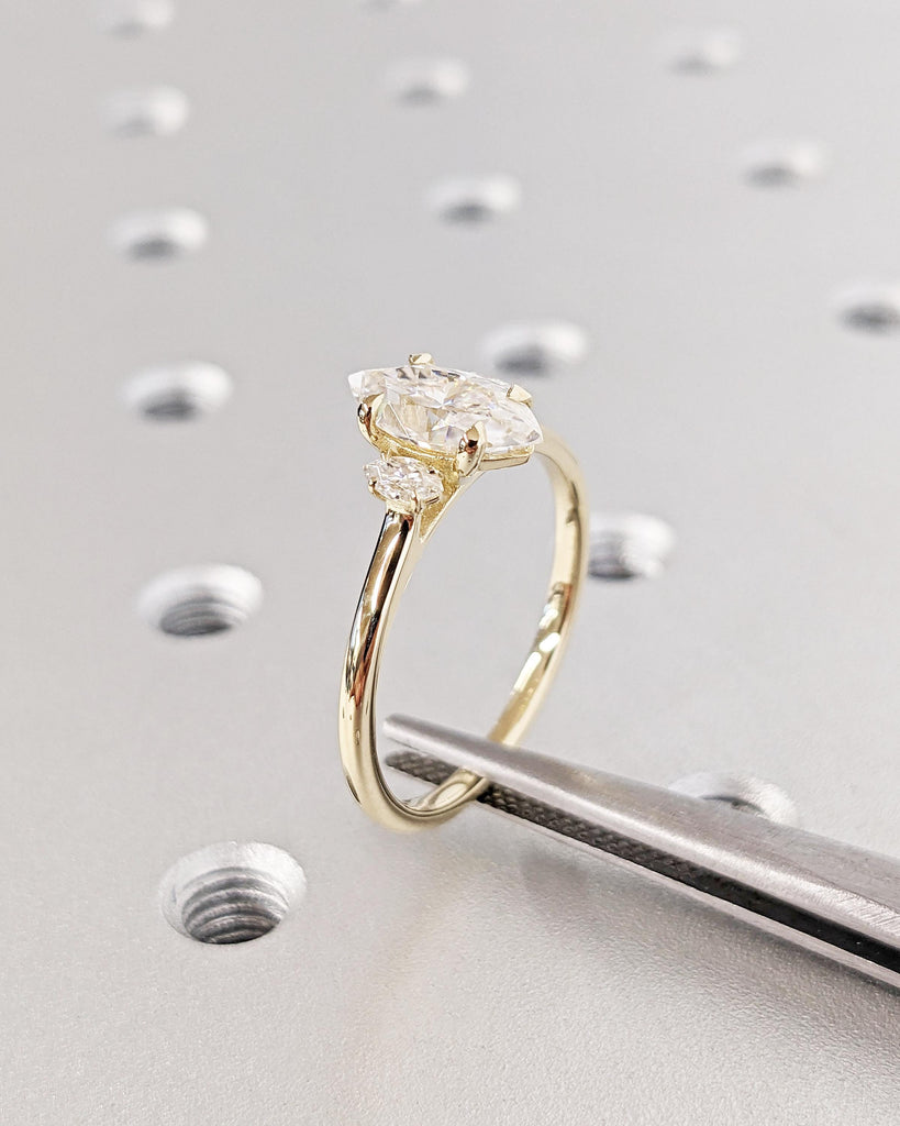 3 Stone Lab Grown Diamond Ring, 1ct Marquise Cut Lab Diamond Ring, Three Stone Engagement Ring 14K Yellow Gold Anniversary Ring Gift for Her