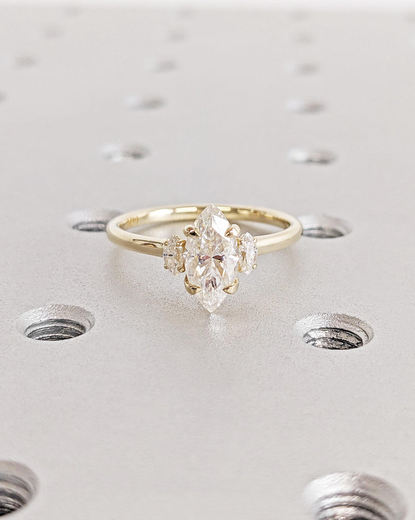 Three Stone Engagement Ring • 1CT Lab Grown Diamond Marquise Engagement Ring • Unique Vintage Marquise Trilogy Ring • 14K Gold Promise Ring