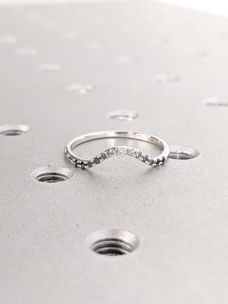 Curved Wedding Band, Ombre Diamond Matching Ring, 14k White Gold Wedding Band, Women Wedding Ring, Unique Stacking Ring, Bridal Gift for Her