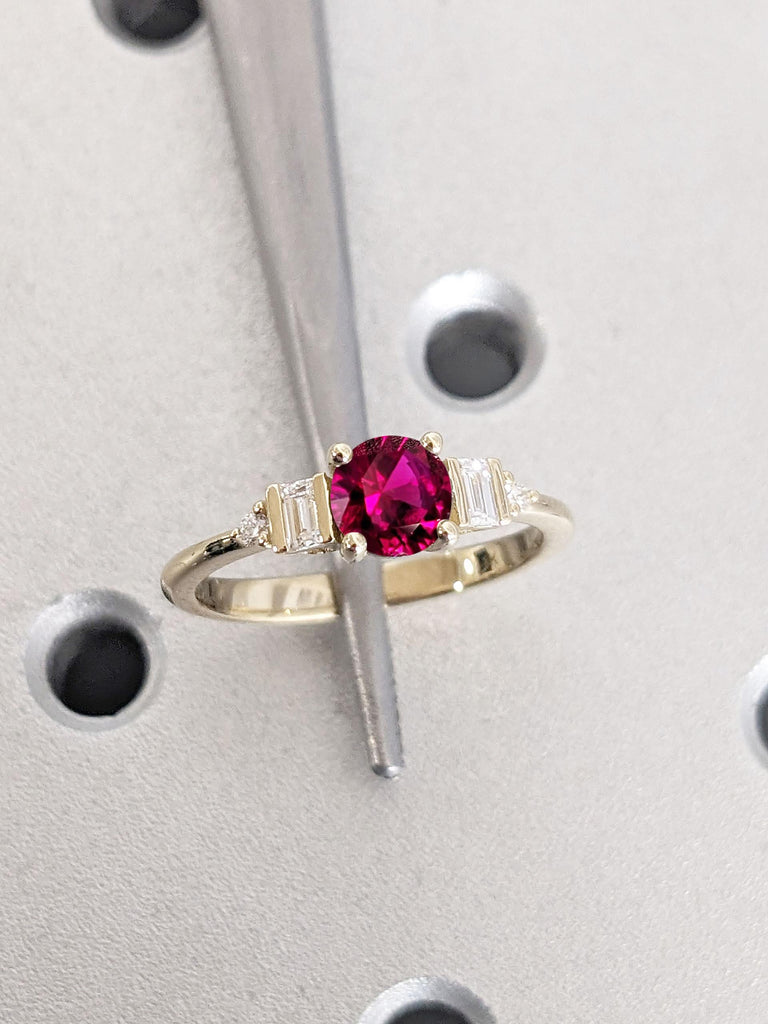 Modern Ruby Engagement Ring for Women | Yellow Gold Ruby and Diamond Ring | Baguette Diamond Dainty Promise Ring | Bridal Anniversary Gift