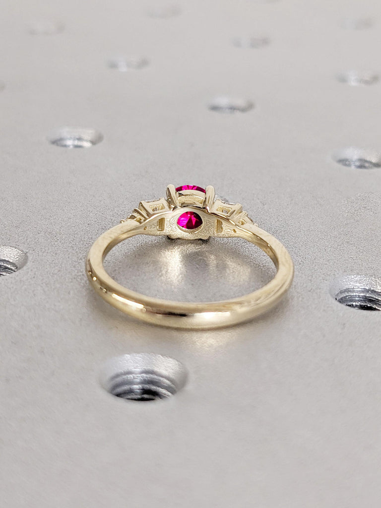 Modern Ruby Engagement Ring for Women | Yellow Gold Ruby and Diamond Ring | Baguette Diamond Dainty Promise Ring | Bridal Anniversary Gift