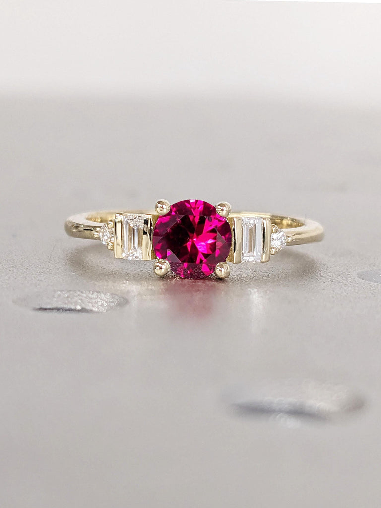 Modern Ruby Engagement Ring for Women | Yellow Gold Ruby and Diamond Ring | Baguette Diamond Dainty Promise Ring | Bridal Anniversary Gift