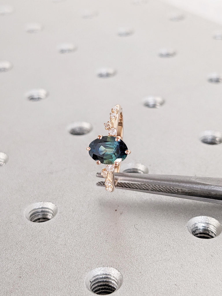 Oval Engagement Ring, Blue Green Sapphire Ring, Rose Gold Rings, Montana Sapphire Ring, Birthstone Ring, Diamond Cluster Ring, Unique Rings