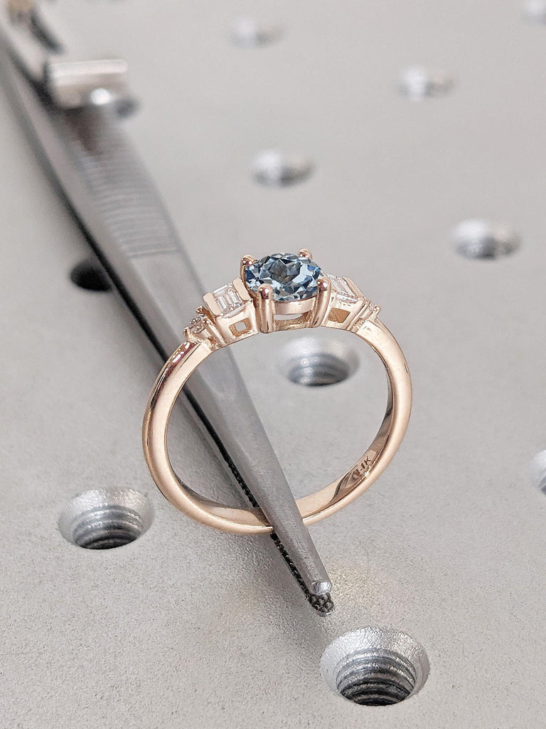 Round Aquamarine Engagement Ring | Lab Aquamarine and Natural Diamond Bridal Wedding Rings For Women | Rose Gold Gemstone Anniversary Ring