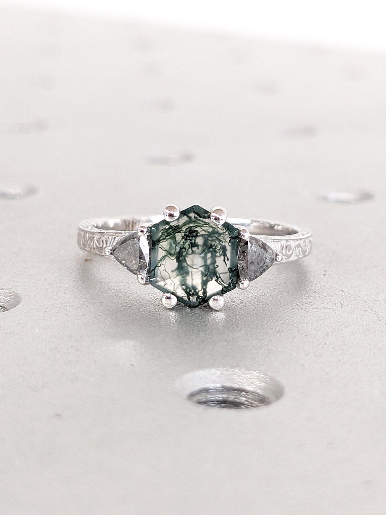 1ct Natural Moss Agate Gold Ring | Hexagon Engagement Ring | Nature Inspired Vintage Ring | Green Healing Gemstone Ring | Promise Ring Women