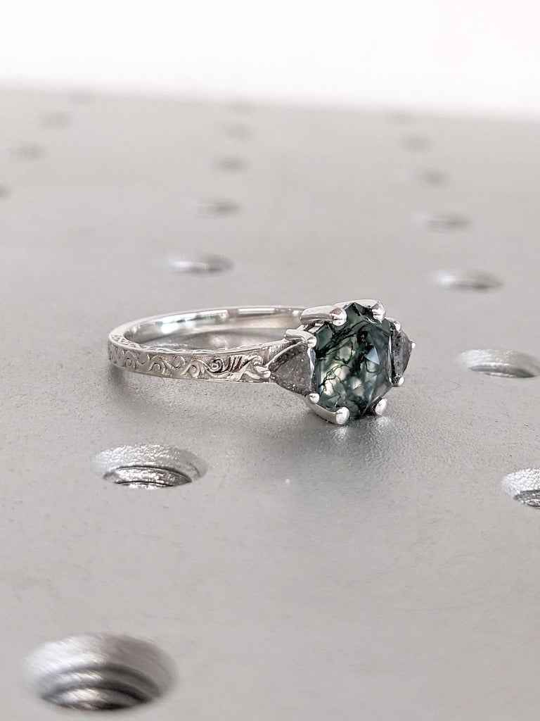 1ct Natural Moss Agate Gold Ring | Hexagon Engagement Ring | Nature Inspired Vintage Ring | Green Healing Gemstone Ring | Promise Ring Women
