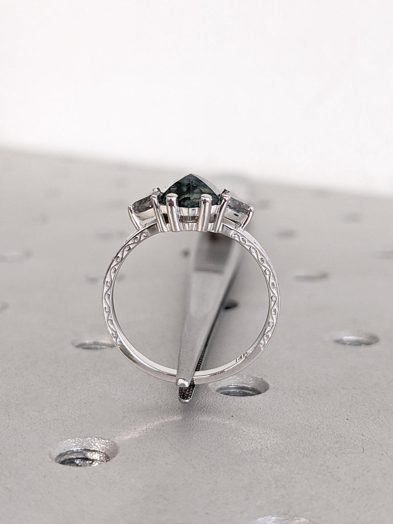 Green Moss Agate & Grey Diamond Engagement Ring | 14k White Gold Unique Mossy Ring | Alternative Green Gemstone Ring, Handmade Filigree Ring