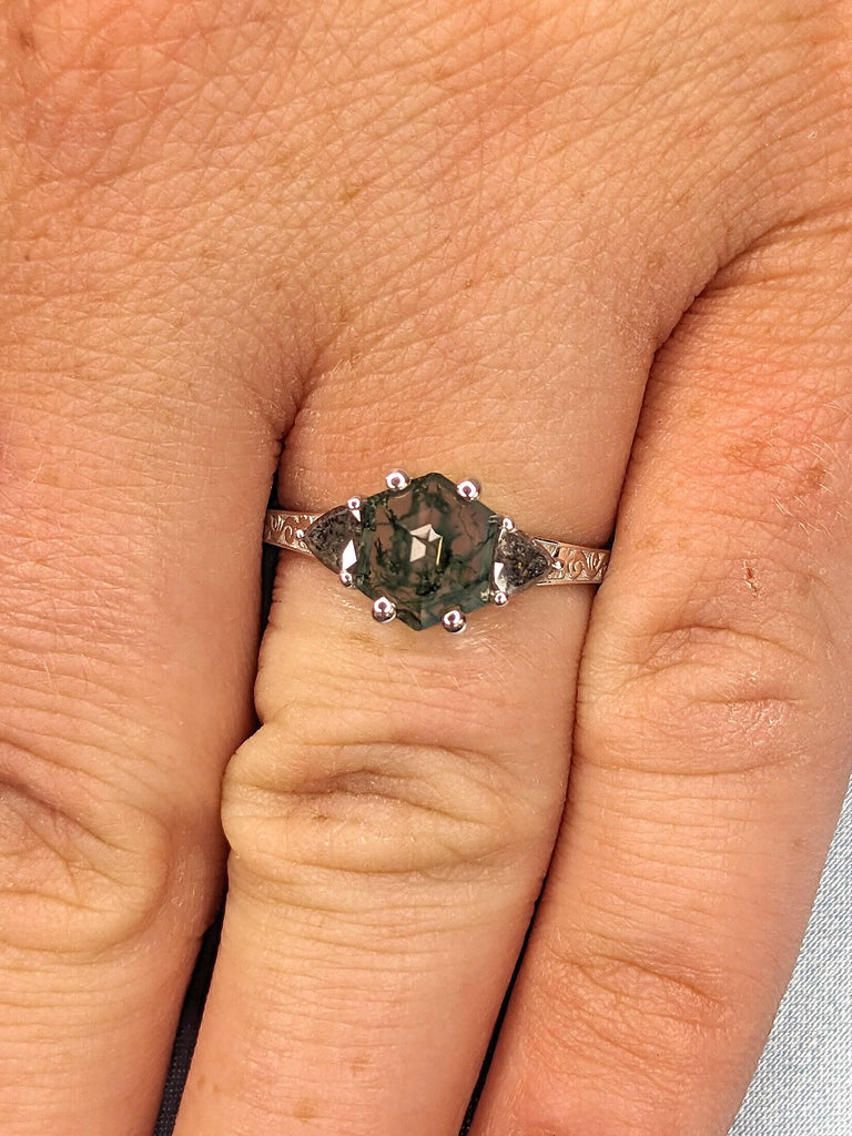 1ct Natural Moss Agate Gold Ring | Hexagon Engagement Ring | Nature Inspired Vintage Ring | Green Healing Gemstone Ring | Promise Ring Women