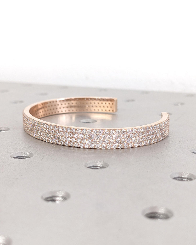 Beautiful Tiny Moissanite Cluster Cuff Bangle | 14k Rose Gold Woman Bracelet Bangle